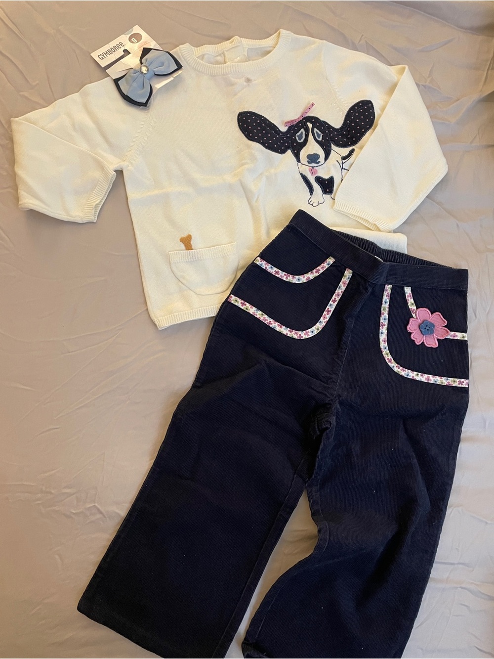 NWT Gymboree 2005 Puppy Sweater Navy Corduroy Pants Hair Bow 3T Set Lot